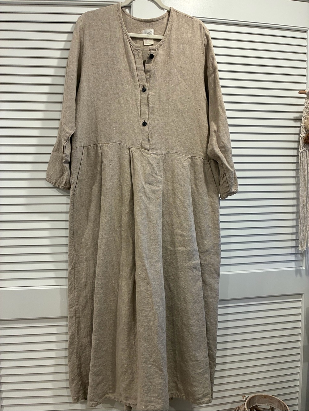 Vintage Flax Beige heavy weight Linen Maxi Dress with Button Placket lagenlook M